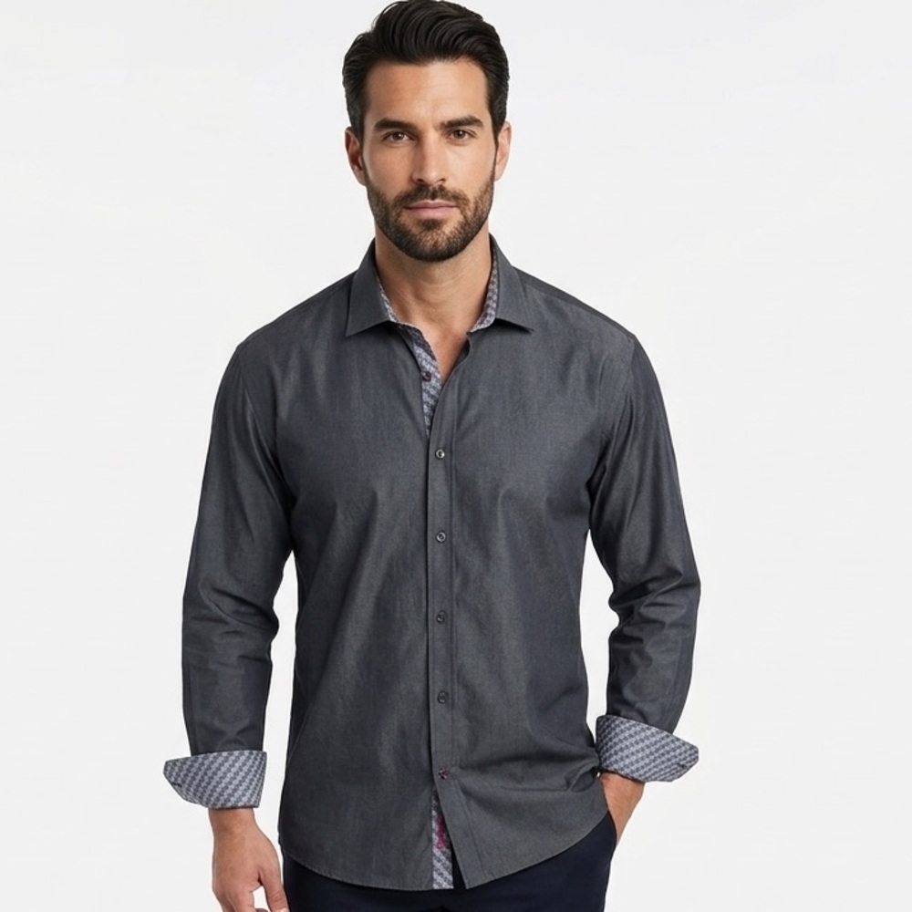 Luchiano Visconti Charcoal Gray Button-Up Shirt with Contrast Trim Sz L Preowned